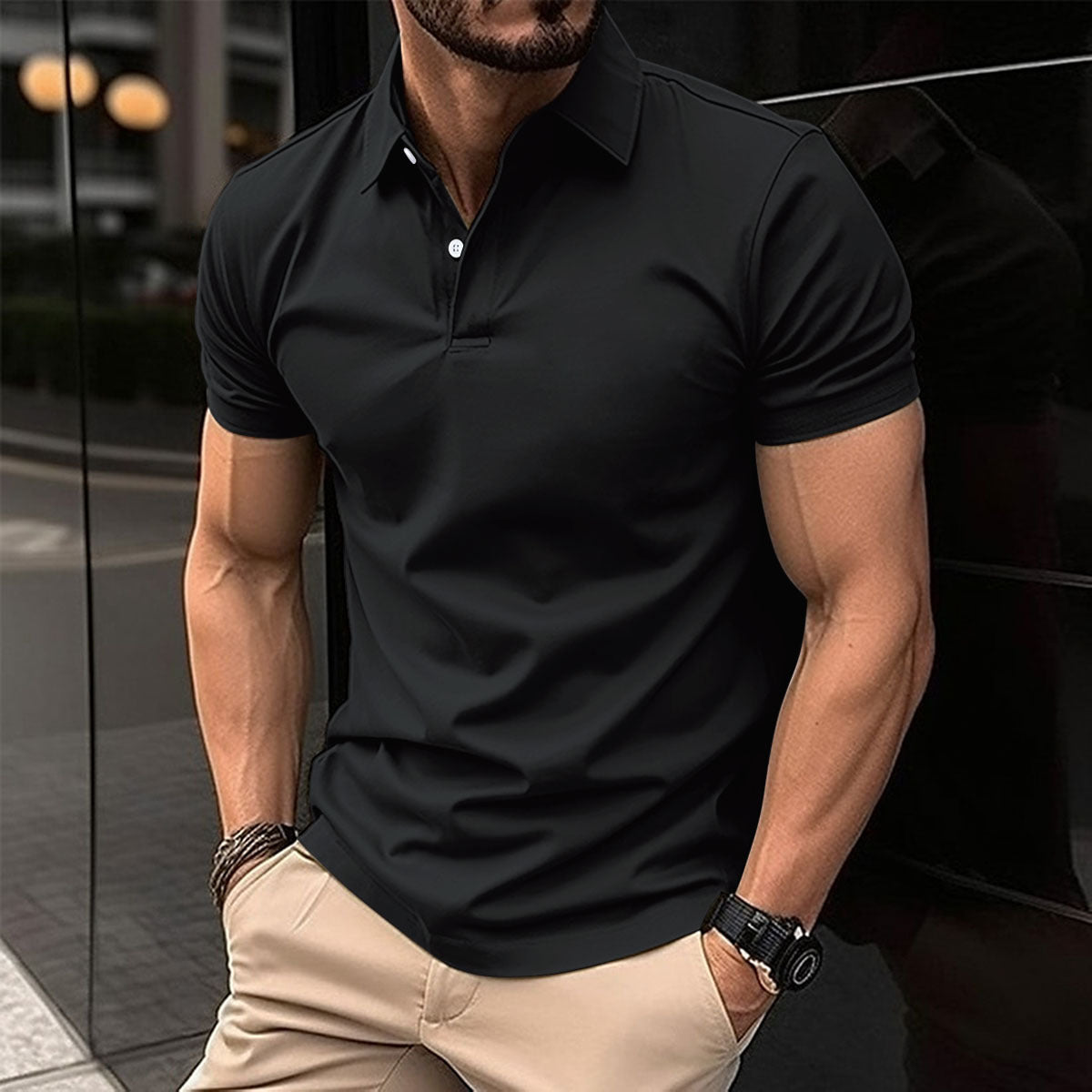 NOUVEAU RICHE Herren Poloshirt Leicht Atmungsaktiv Dünn Sportlich Elegant Schwarz