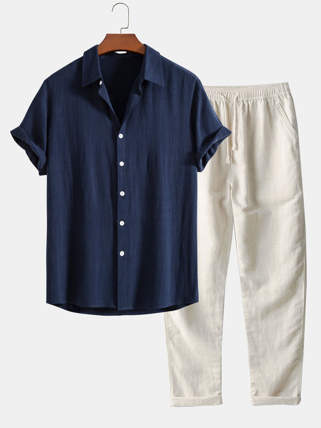 NOUVEAU RICHE Herren Sommer Set Hemd Und Hose Stehkragen Kurzarm Leicht Navy blau