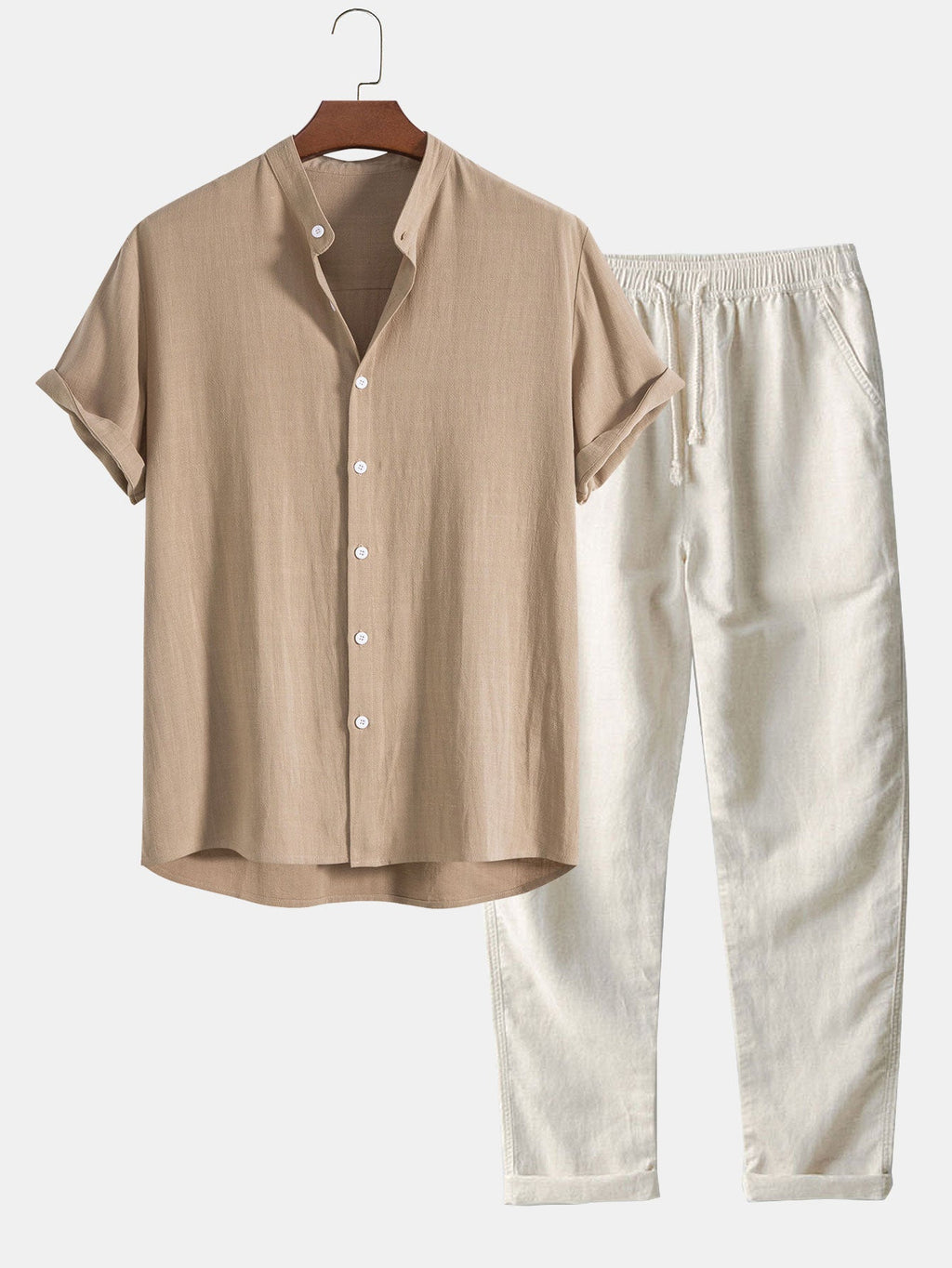 NOUVEAU RICHE Herren Sommer Set Hemd Und Hose Stehkragen Kurzarm Leicht Beige