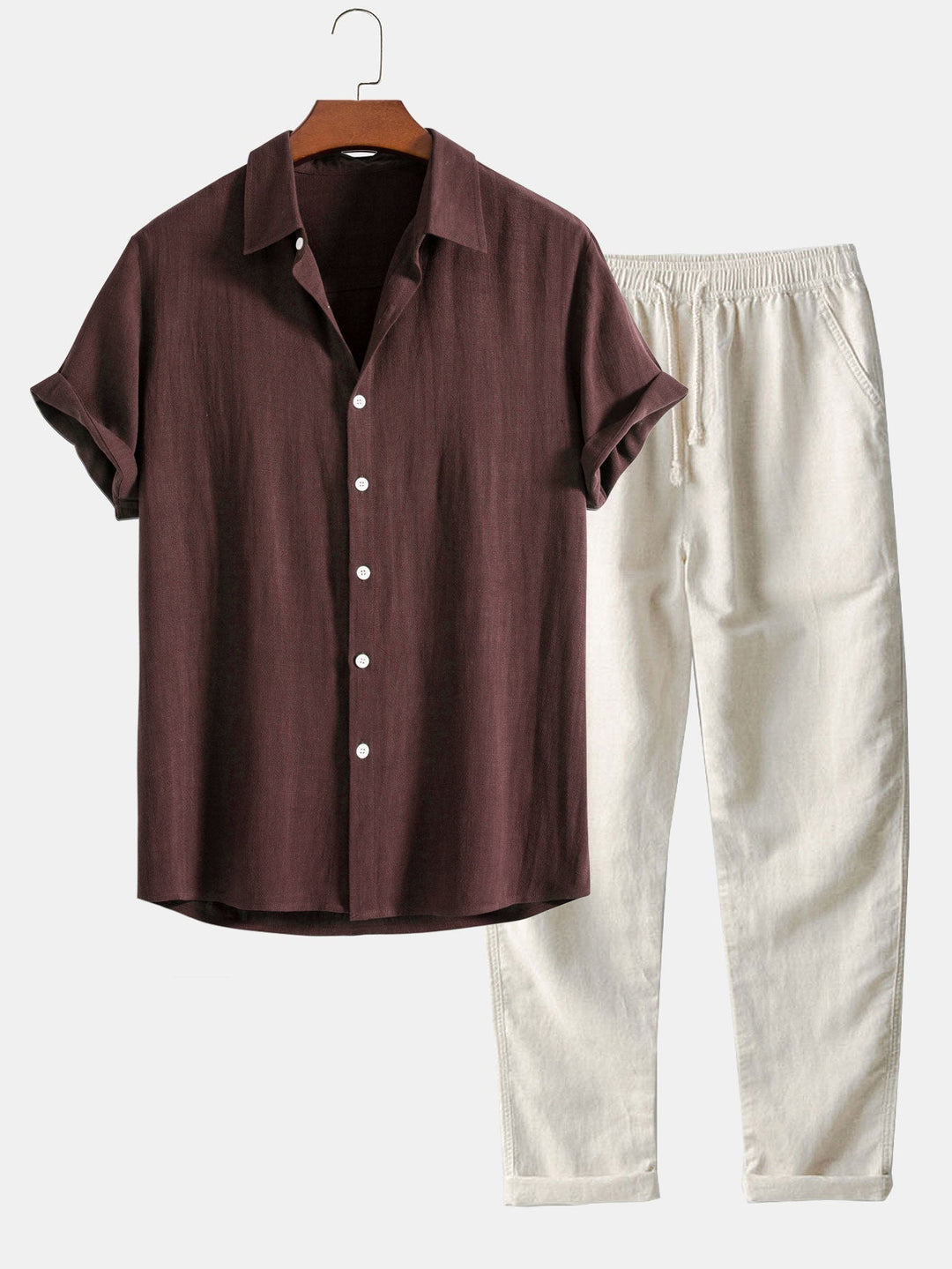 NOUVEAU RICHE Herren Sommer Set Hemd Und Hose Stehkragen Kurzarm Leicht Kaffeebraun