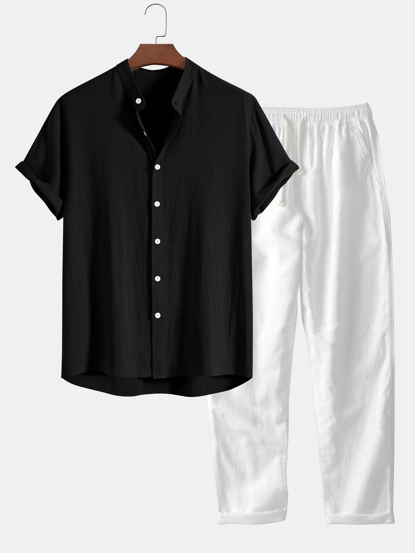 NOUVEAU RICHE Herren Sommer Set Hemd Und Hose Stehkragen Kurzarm Leicht Schwarz