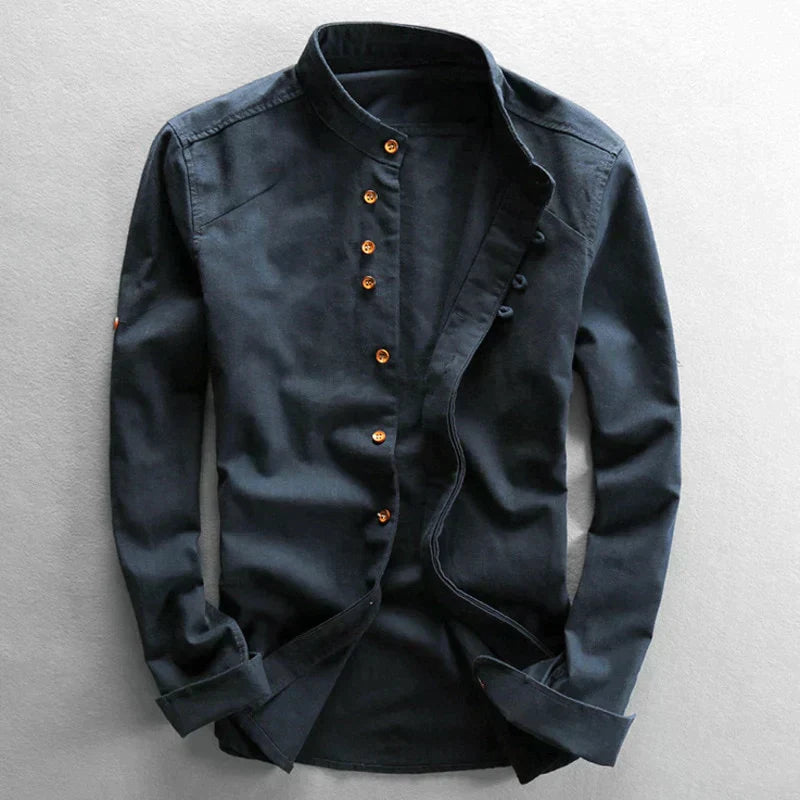NOUVEAU RICHE Herren Slim Fit Hemd Mit Stehkragen Und Langen Ärmeln Marineblau