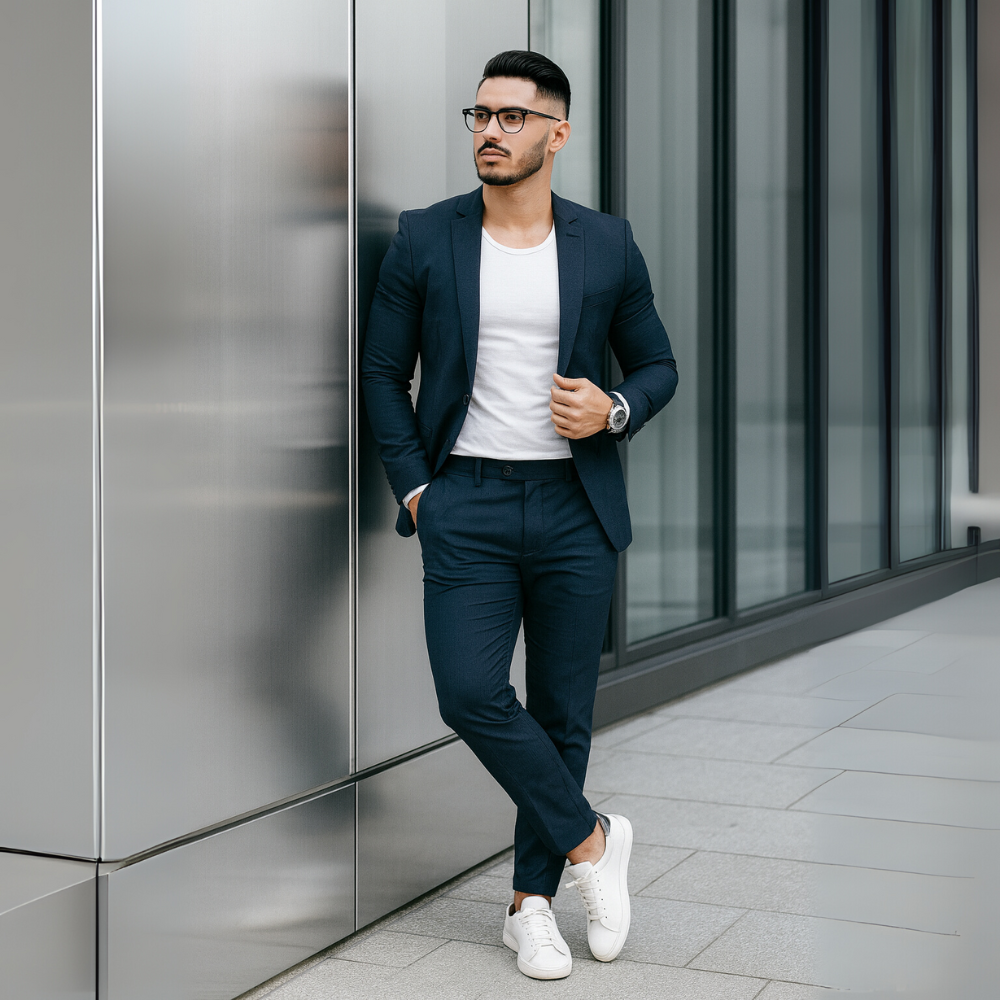 NOUVEAU RICHE Herren Zweiteiler Langarm-Sakko Und Schmal Hose Outfit Dunkelblau