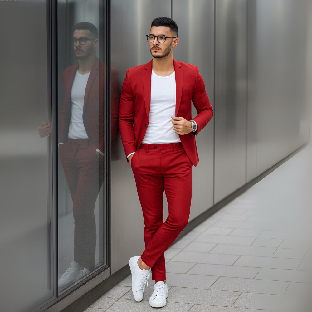 NOUVEAU RICHE Herren Zweiteiler Langarm-Sakko Und Schmal Hose Outfit Rot