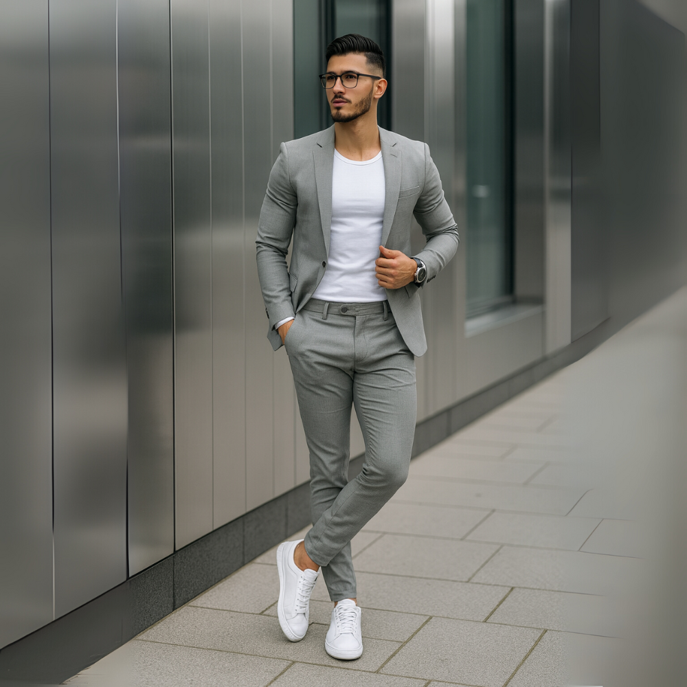NOUVEAU RICHE Herren Zweiteiler Langarm-Sakko Und Schmal Hose Outfit Grau