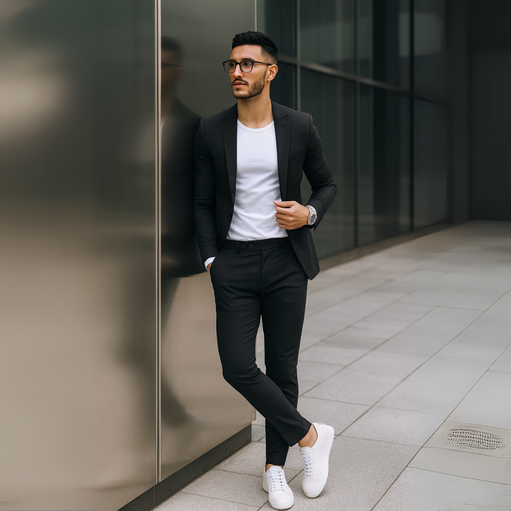 NOUVEAU RICHE Herren Zweiteiler Langarm-Sakko Und Schmal Hose Outfit Schwarz