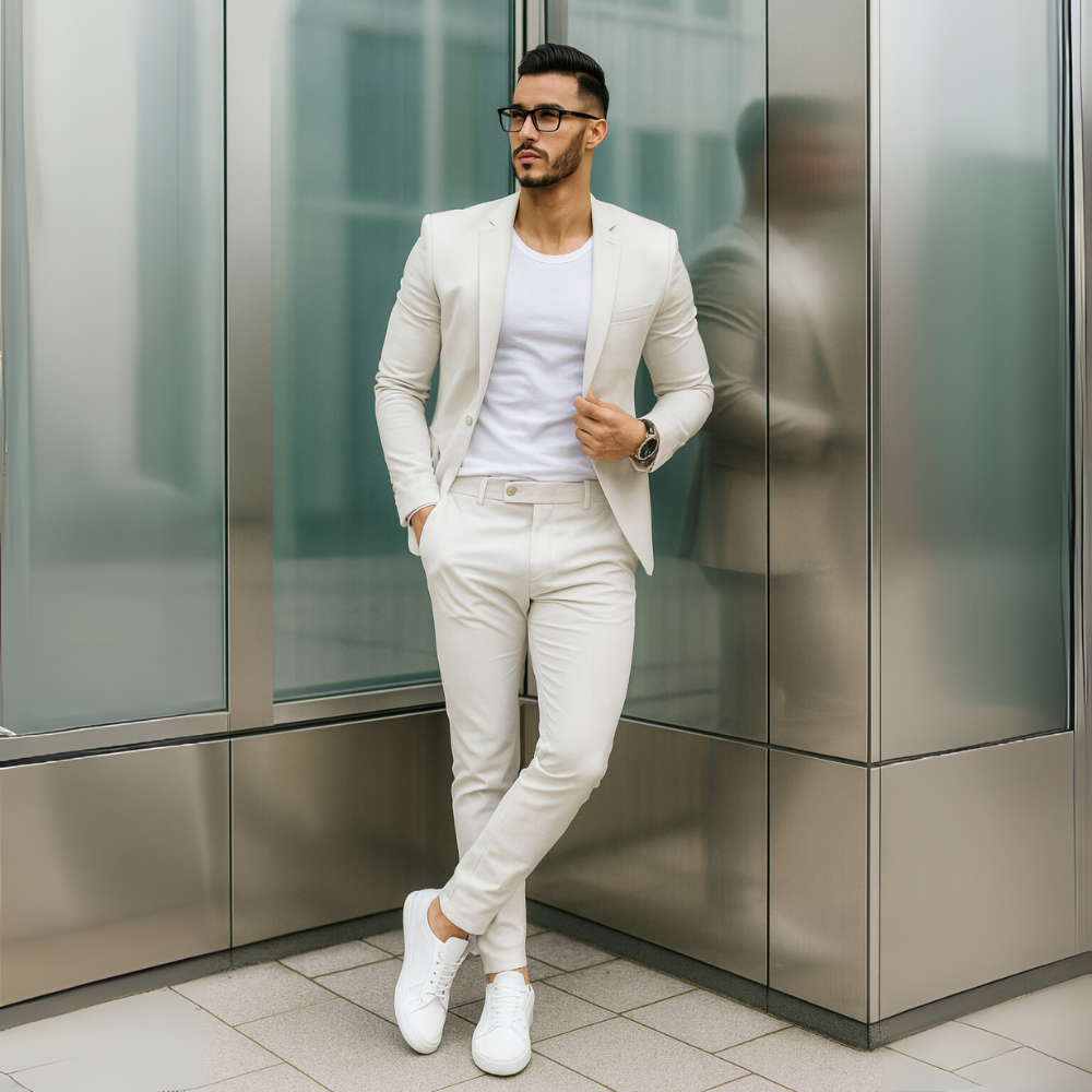 NOUVEAU RICHE Herren Zweiteiler Langarm-Sakko Und Schmal Hose Outfit Weiß