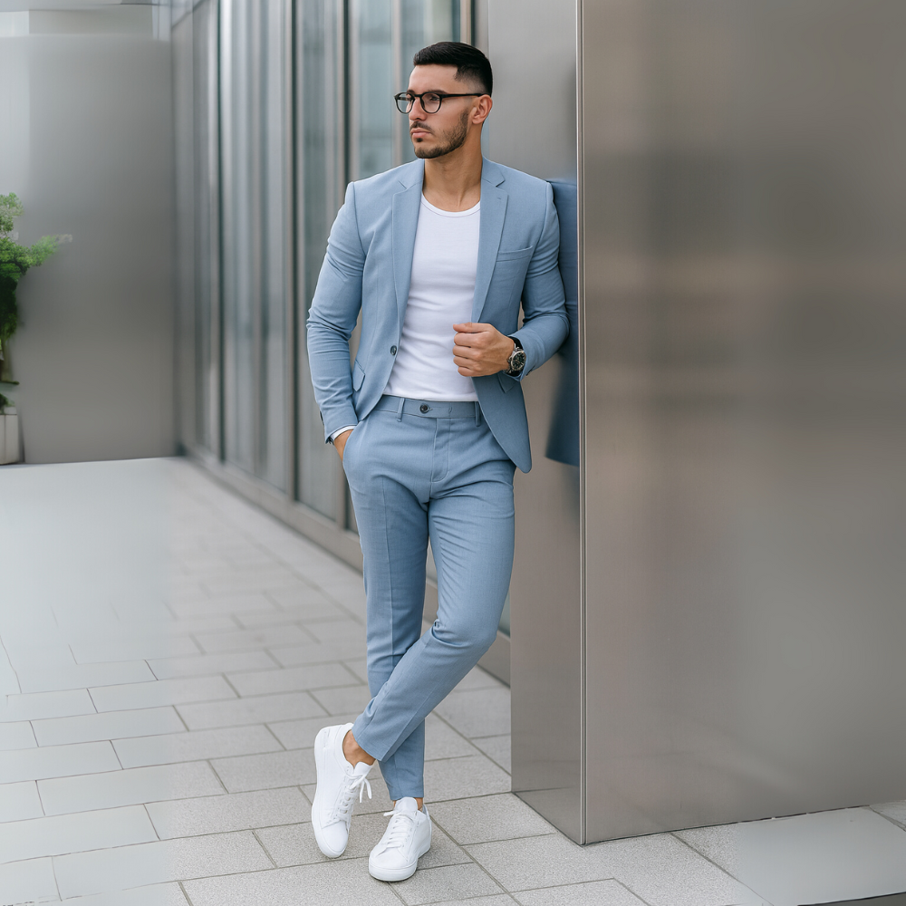 NOUVEAU RICHE Herren Zweiteiler Langarm-Sakko Und Schmal Hose Outfit Blau