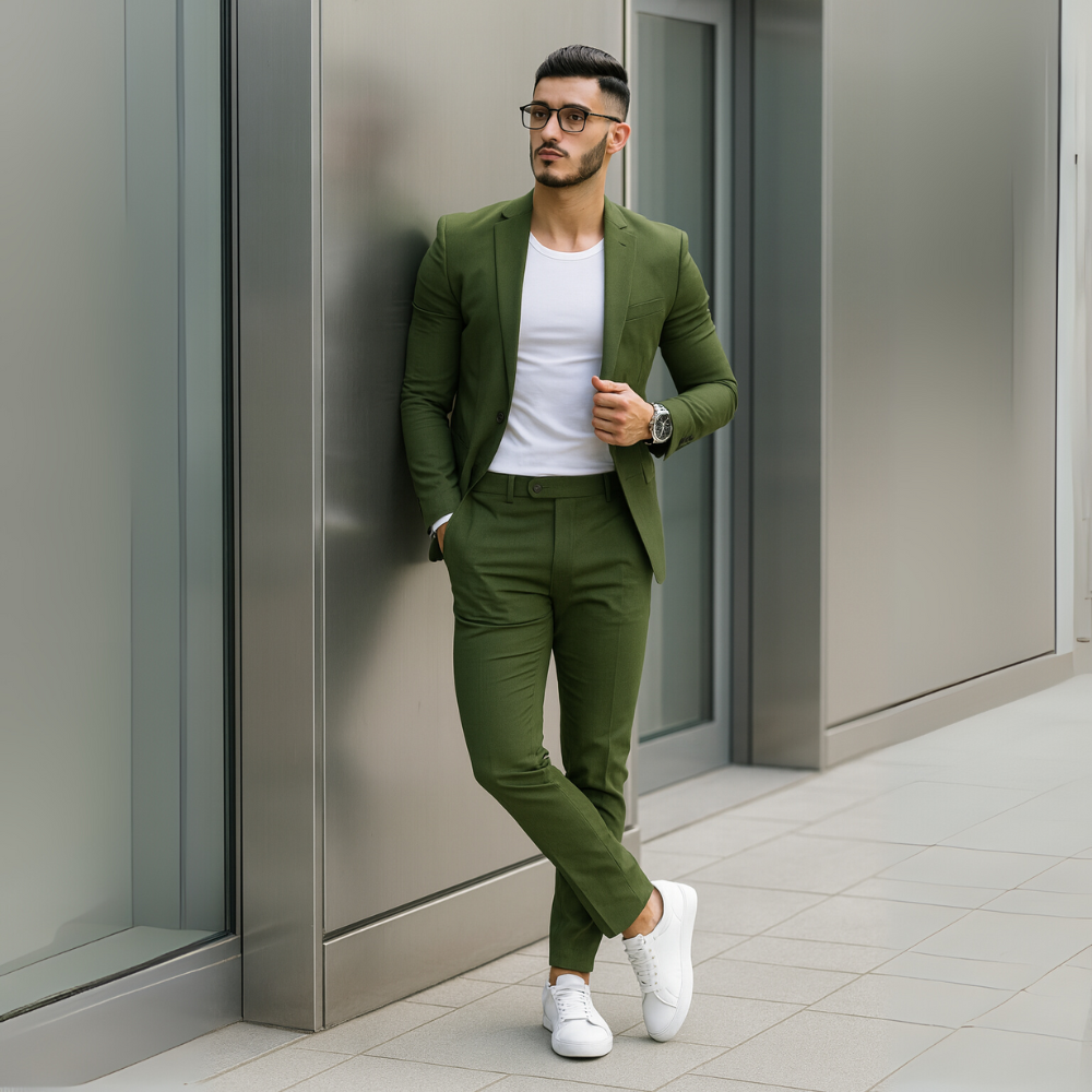 NOUVEAU RICHE Herren Zweiteiler Langarm-Sakko Und Schmal Hose Outfit Grün