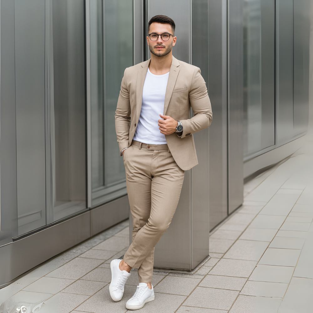 NOUVEAU RICHE Herren Zweiteiler Langarm-Sakko Und Schmal Hose Outfit Khaki