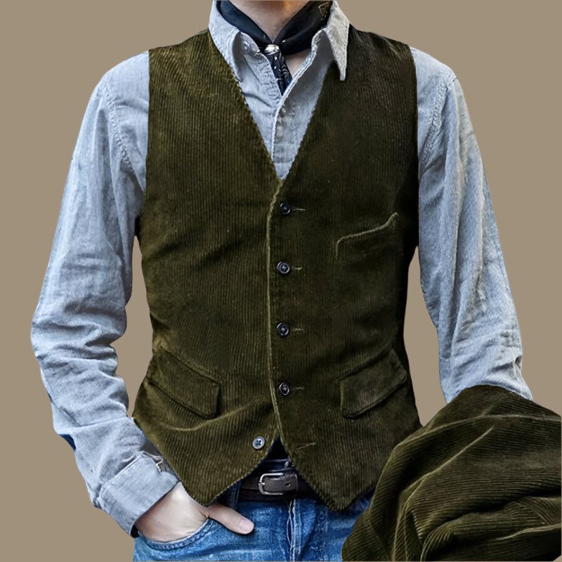 NOUVEAU RICHE Herren Corduroy Weste Tailliert Vintage Stil – Hüftlange Passform Armeegrün