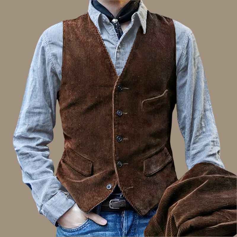 NOUVEAU RICHE Herren Corduroy Weste Tailliert Vintage Stil – Hüftlange Passform Braun