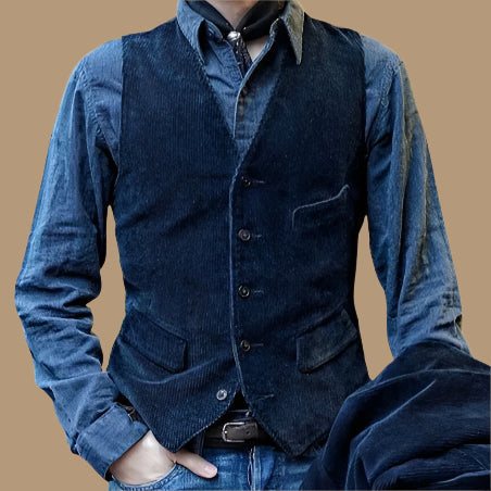 NOUVEAU RICHE Herren Corduroy Weste Tailliert Vintage Stil – Hüftlange Passform Blau