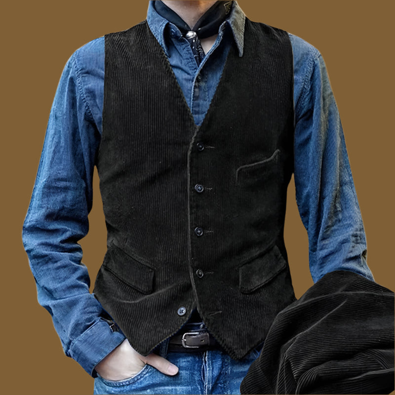 NOUVEAU RICHE Herren Corduroy Weste Tailliert Vintage Stil – Hüftlange Passform Schwarz