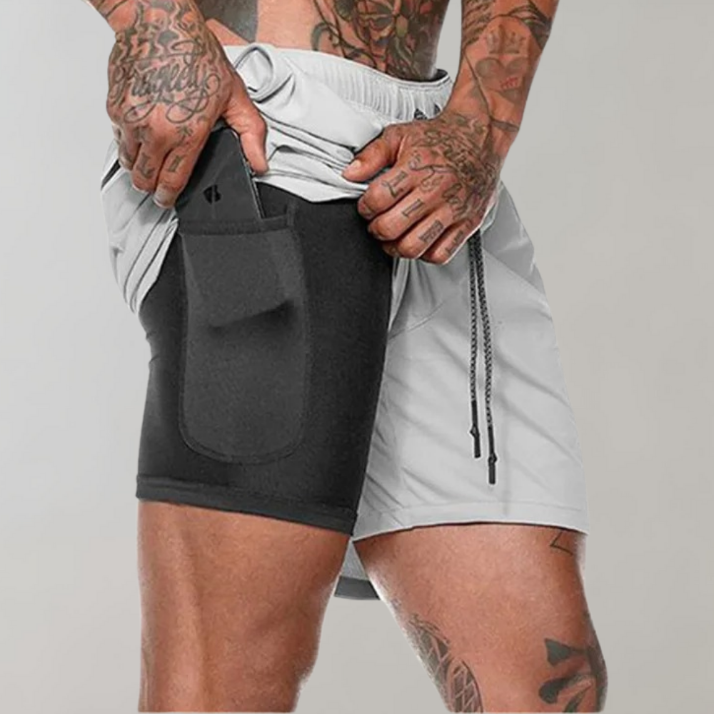 NOUVEAU RICHE Herren Fitness Shorts Slim Fit 2-in-1 Design Atmungsaktiver Stretch Mit Innentasche Für Optimales Training Hellgrau
