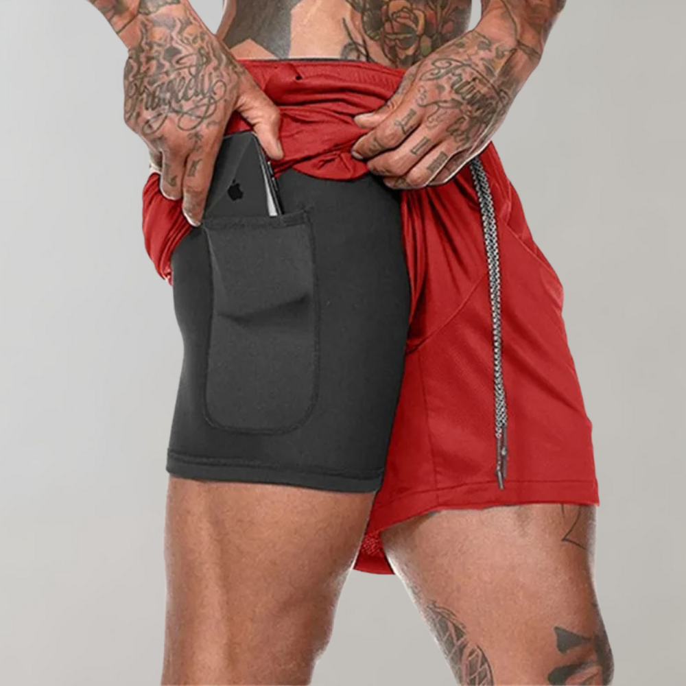 NOUVEAU RICHE Herren Fitness Shorts Slim Fit 2-in-1 Design Atmungsaktiver Stretch Mit Innentasche Für Optimales Training Rot
