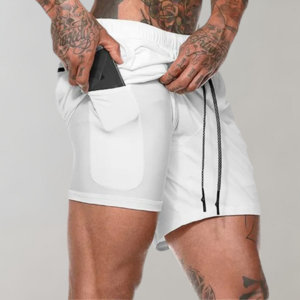 NOUVEAU RICHE Herren Fitness Shorts Slim Fit 2-in-1 Design Atmungsaktiver Stretch Mit Innentasche Für Optimales Training Weiß