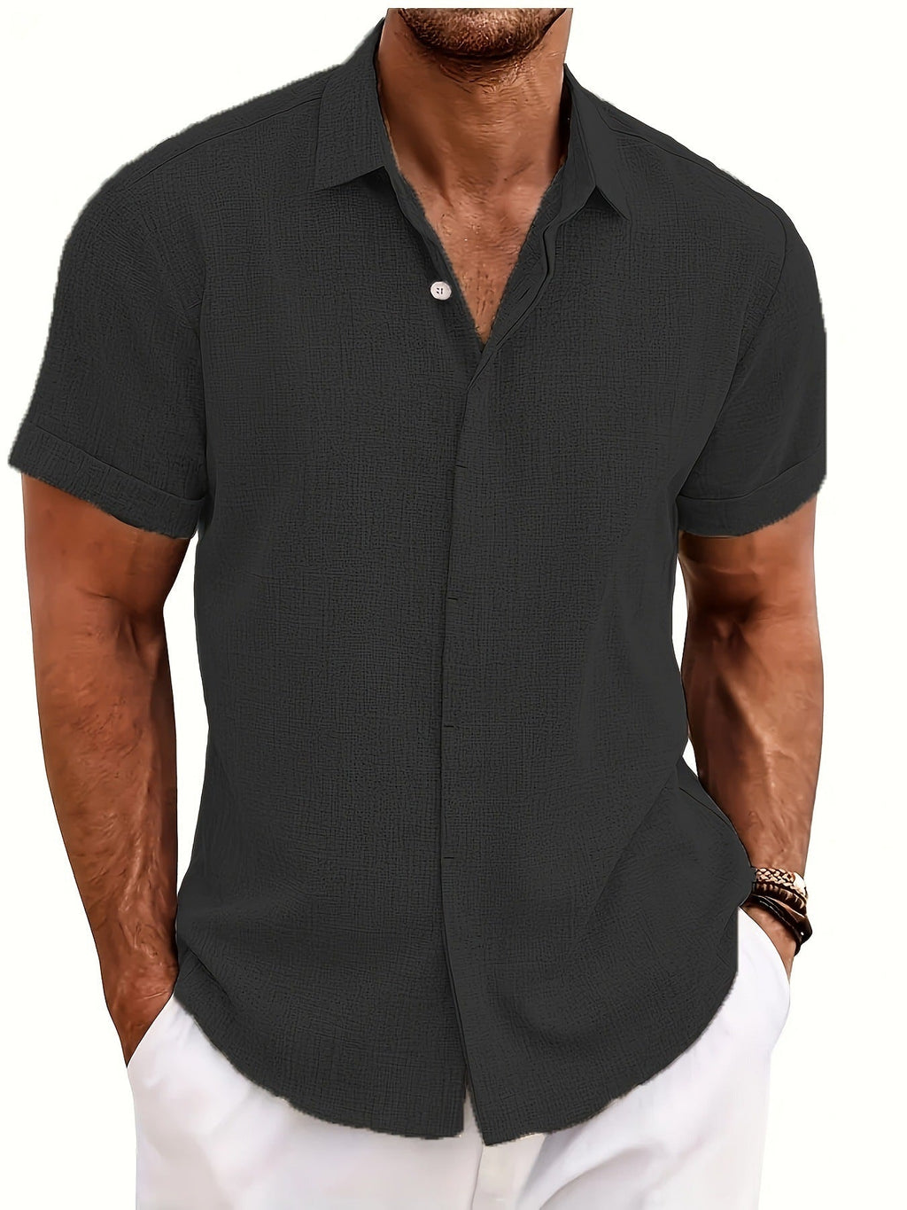 NOUVEAU RICHE Herren Kurzarm Freizeitbluse Polyester Mischgewebe Leicht Schwarz