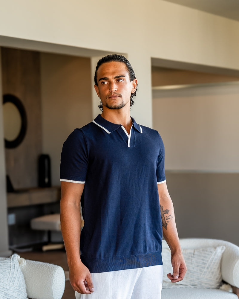 NOUVEAU RICHE Herren Langarm Poloshirt Baumwolle Navy mit Kontrastbesatz