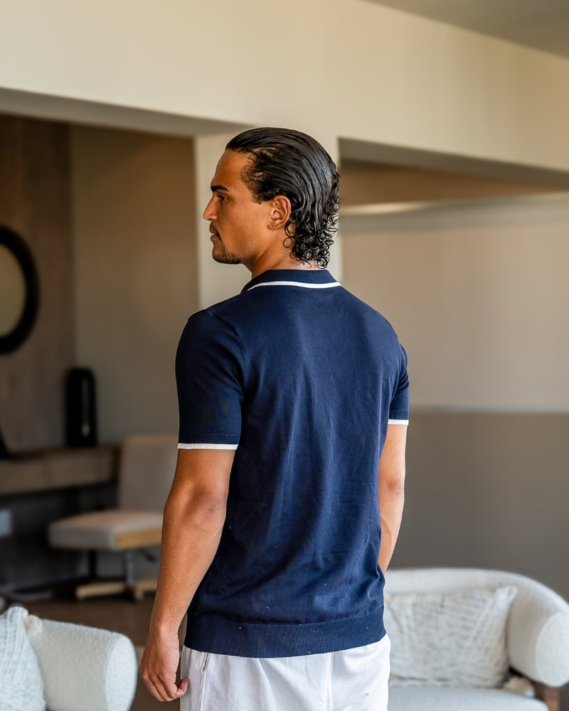 NOUVEAU RICHE Herren Langarm Poloshirt Baumwolle Navy mit Kontrastbesatz
