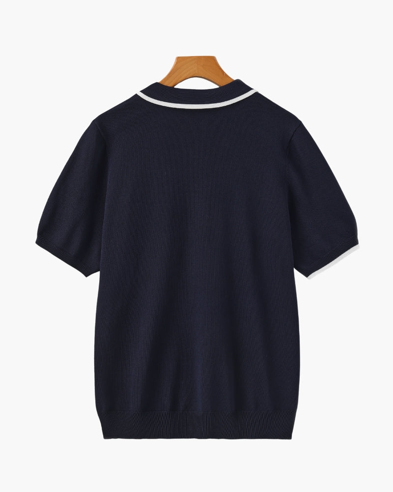 NOUVEAU RICHE Herren Langarm Poloshirt Baumwolle Navy mit Kontrastbesatz