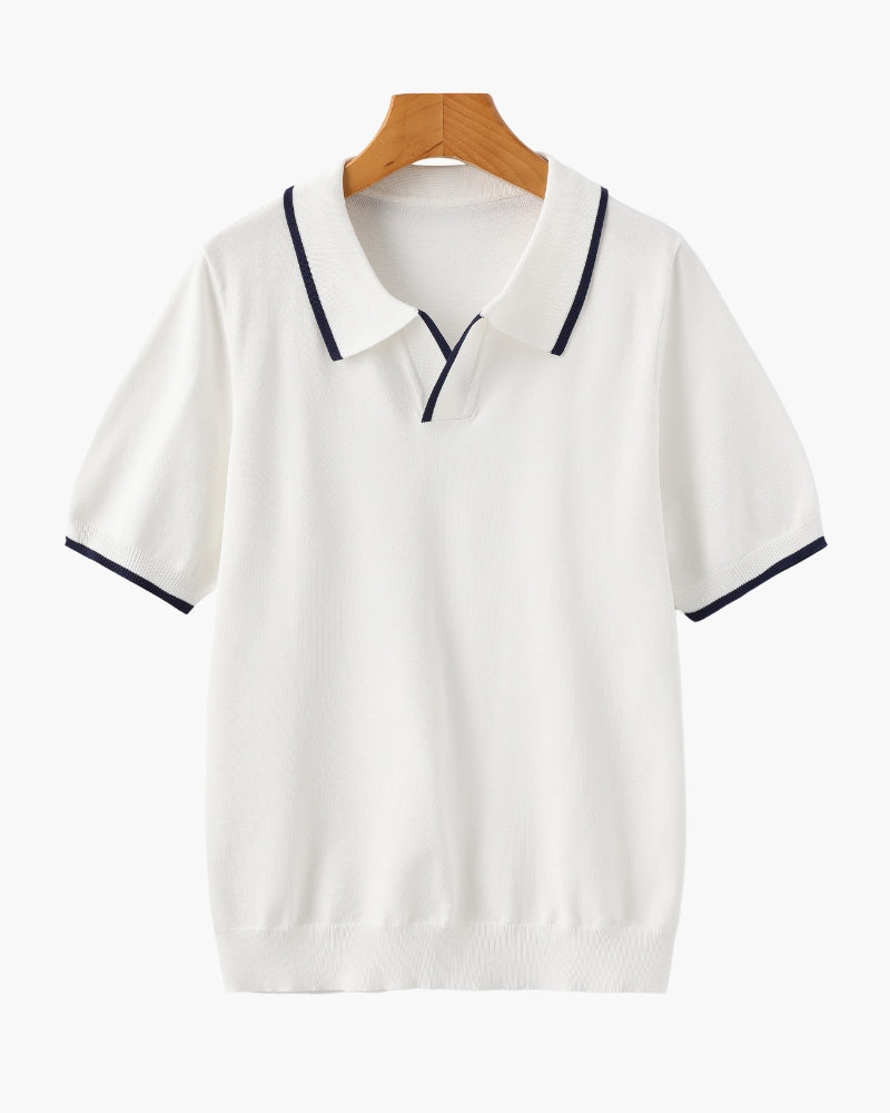 NOUVEAU RICHE Herren Langarm Poloshirt Baumwolle Navy mit Kontrastbesatz Weiß