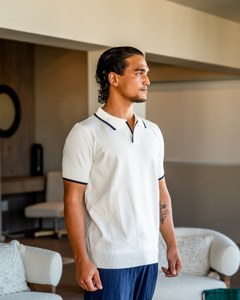 NOUVEAU RICHE Herren Langarm Poloshirt Baumwolle Navy mit Kontrastbesatz