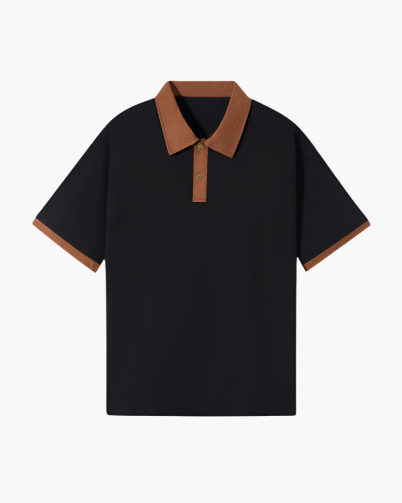 NOUVEAU RICHE Herren Langarm Poloshirt Baumwolle mit Kontrastkragen Schwarz