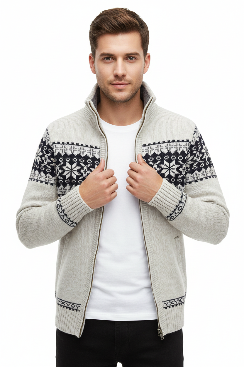 NOUVEAU RICHE Herren Norweger Pulli Mit Reißverschluss Stehkragen Muster