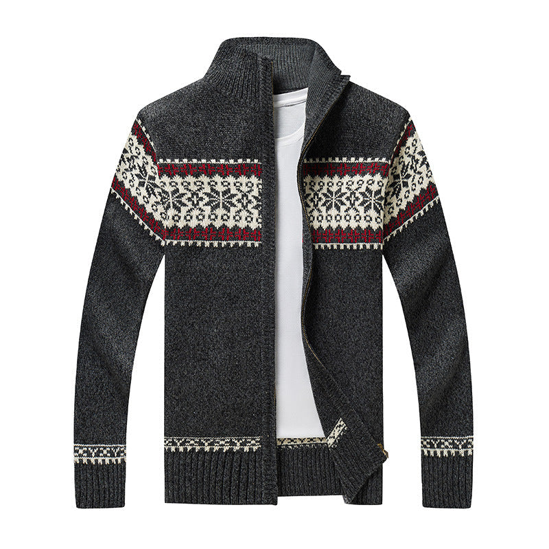 NOUVEAU RICHE Herren Norweger Pulli Mit Reißverschluss Stehkragen Muster Dunkelgrau