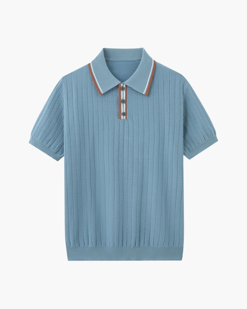 NOUVEAU RICHE Herren Polo Shirt Viskose-Polyester-Mix Herringbone-Textur Blaugrau