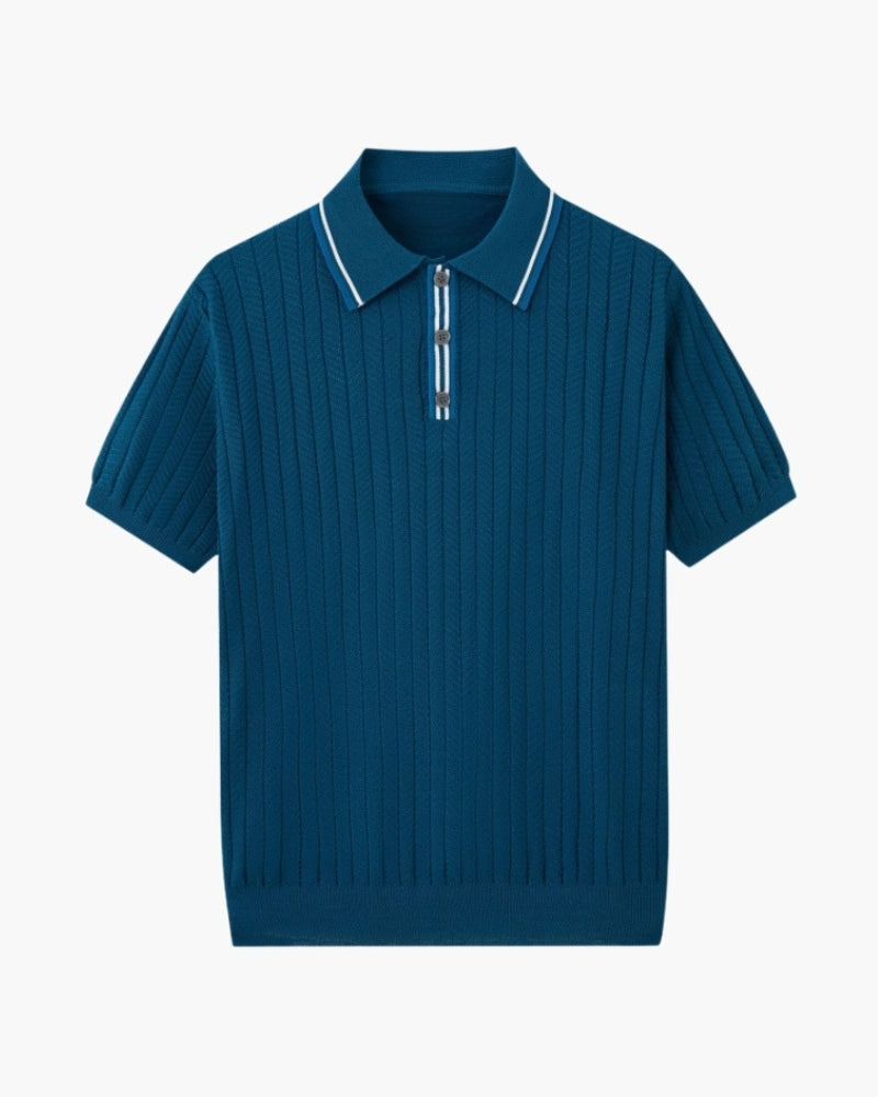 NOUVEAU RICHE Herren Polo Shirt Viskose-Polyester-Mix Herringbone-Textur Blau