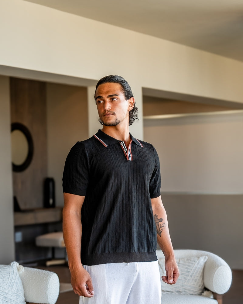 NOUVEAU RICHE Herren Polo Shirt Viskose-Polyester-Mix Herringbone-Textur Schwarz