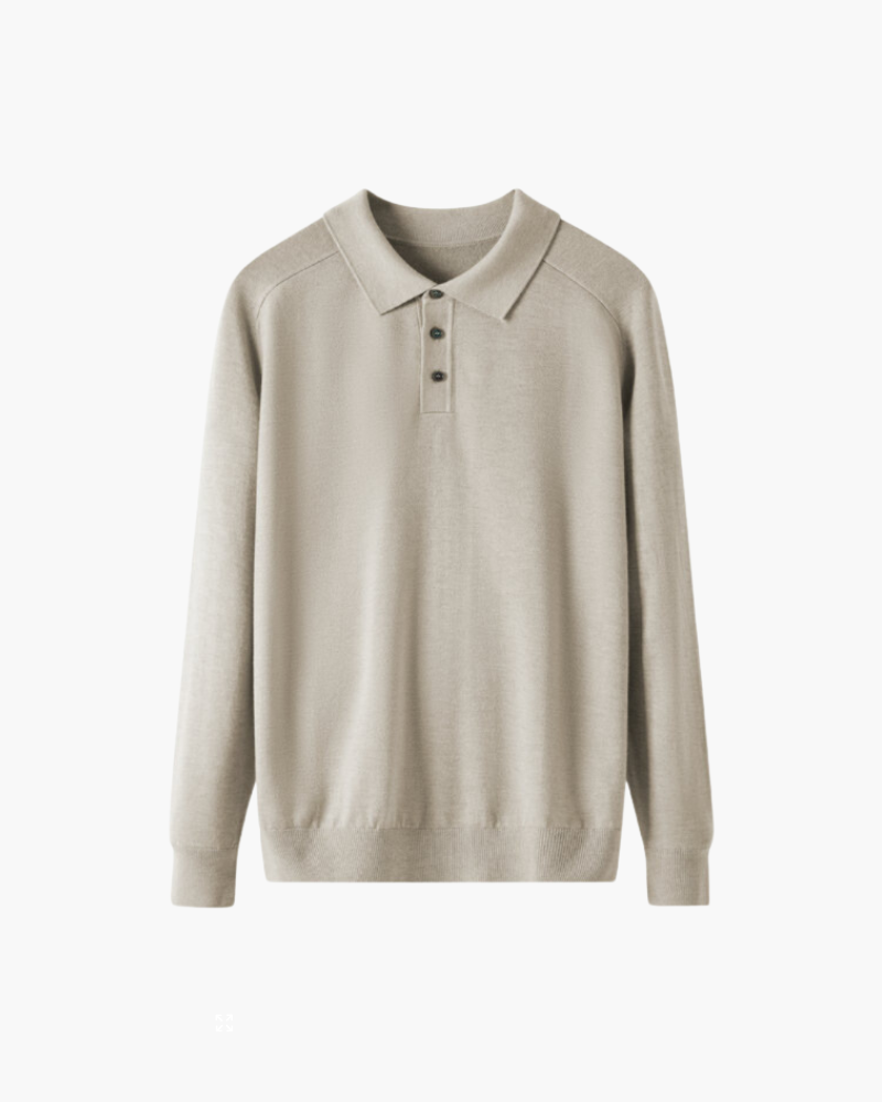 NOUVEAU RICHE Herren Poloshirt Langarm 100% Premium Wolle Beige