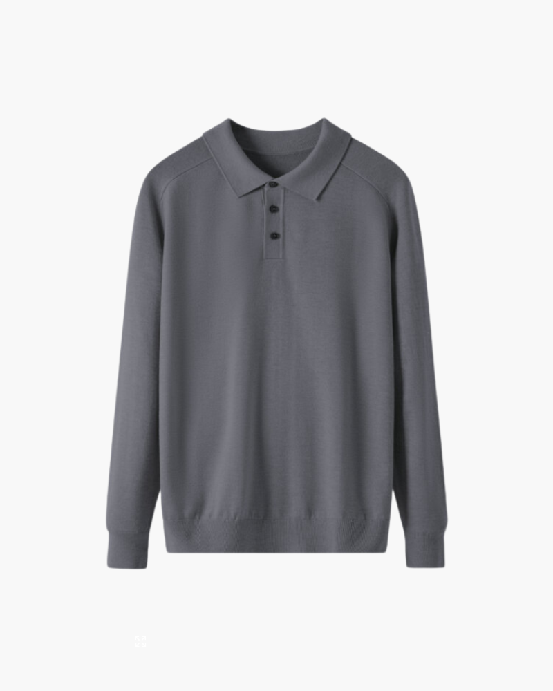 NOUVEAU RICHE Herren Poloshirt Langarm 100% Premium Wolle Grau