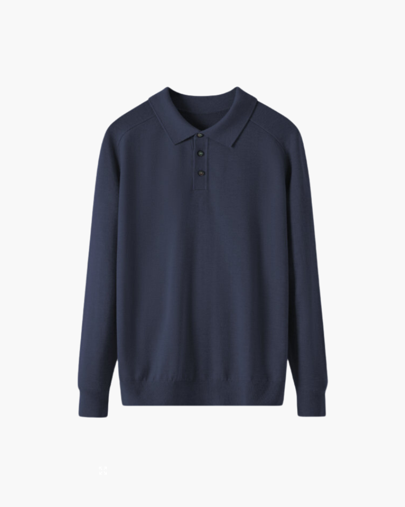 NOUVEAU RICHE Herren Poloshirt Langarm 100% Premium Wolle Marine