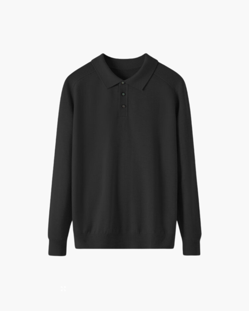NOUVEAU RICHE Herren Poloshirt Langarm 100% Premium Wolle Schwarz