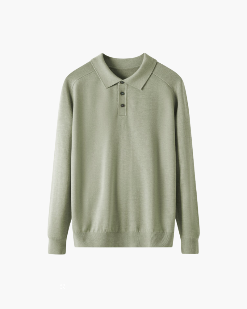 NOUVEAU RICHE Herren Poloshirt Langarm 100% Premium Wolle Grün
