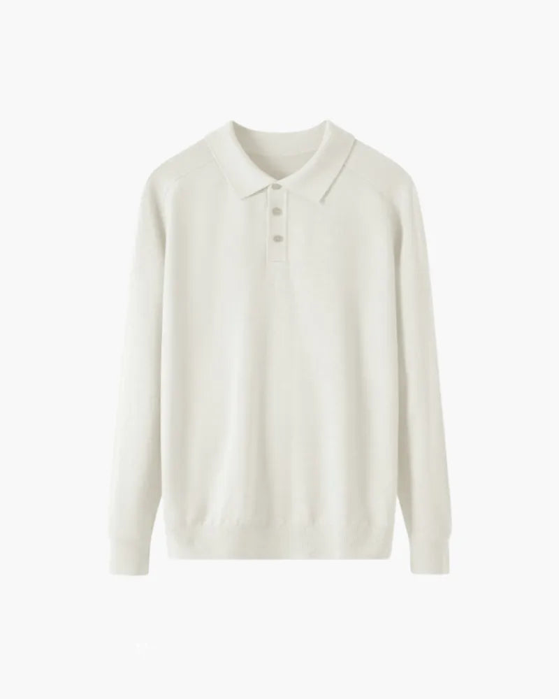 NOUVEAU RICHE Herren Poloshirt Langarm 100% Premium Wolle Weiß