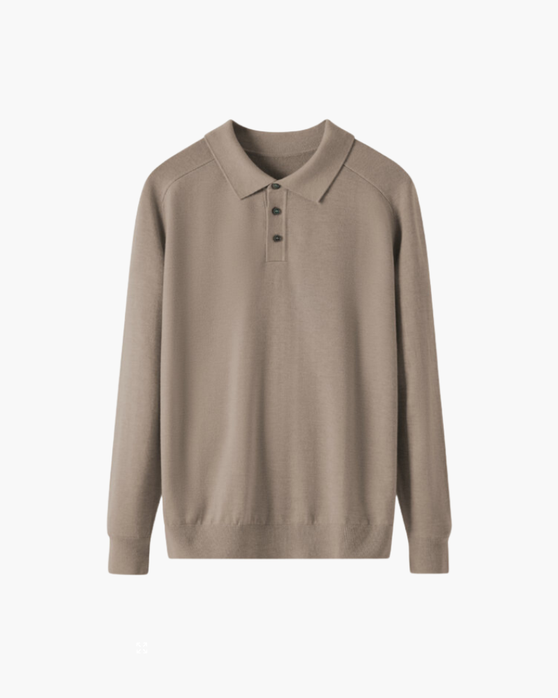 NOUVEAU RICHE Herren Poloshirt Langarm 100% Premium Wolle Braun