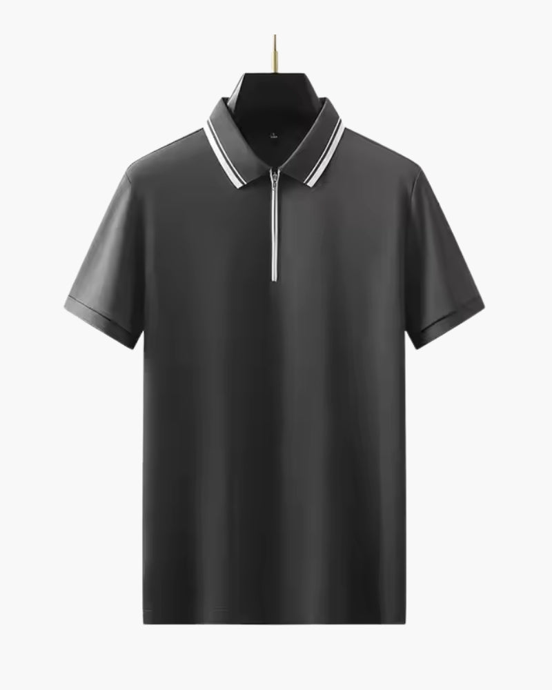 NOUVEAU RICHE Herren Poloshirt Langarm Baumwolle mit Reißverschluss Dunkelgrau