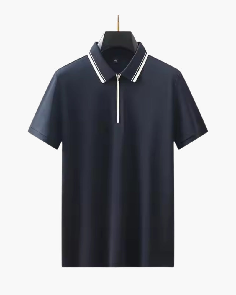 NOUVEAU RICHE Herren Poloshirt Langarm Baumwolle mit Reißverschluss Marineblau