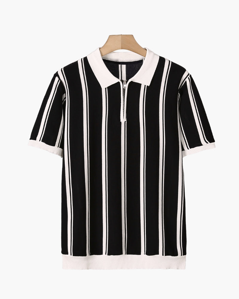 NOUVEAU RICHE Herren Poloshirt Langarm Strick mit Halber Reißverschluss Schwarz