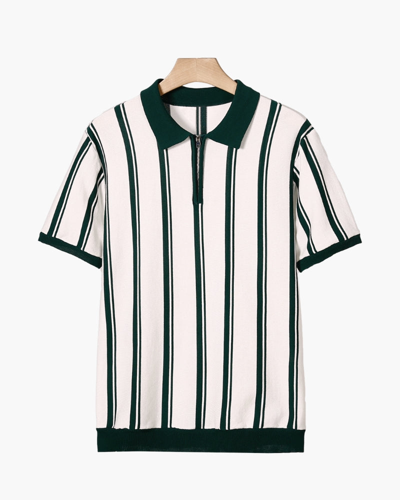 NOUVEAU RICHE Herren Poloshirt Langarm Strick mit Halber Reißverschluss Grün