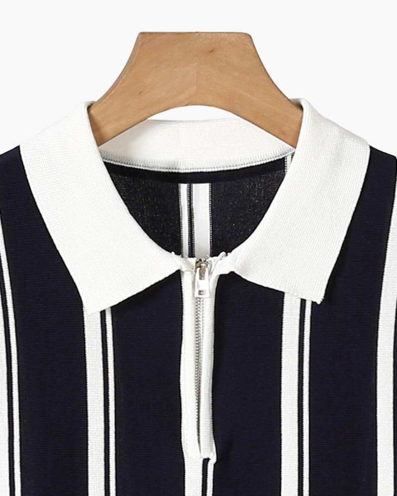 NOUVEAU RICHE Herren Poloshirt Langarm Strick mit Halber Reißverschluss