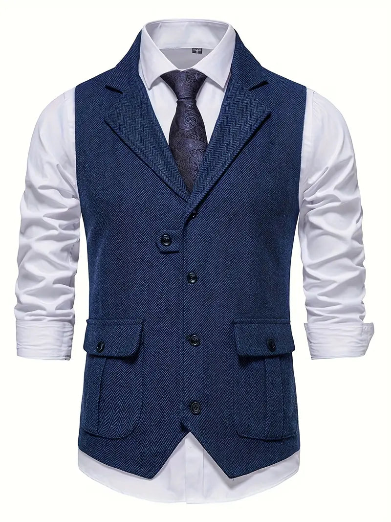 NOUVEAU RICHE Herren Sakko Herringbone Blazer Einreiher mit Notchkragen Dunkelblau