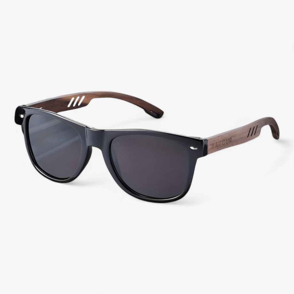 NOUVEAU RICHE Herren Sonnenbrille Holzgestell UV400 Polarisierte Gläser Glänzend schwarz