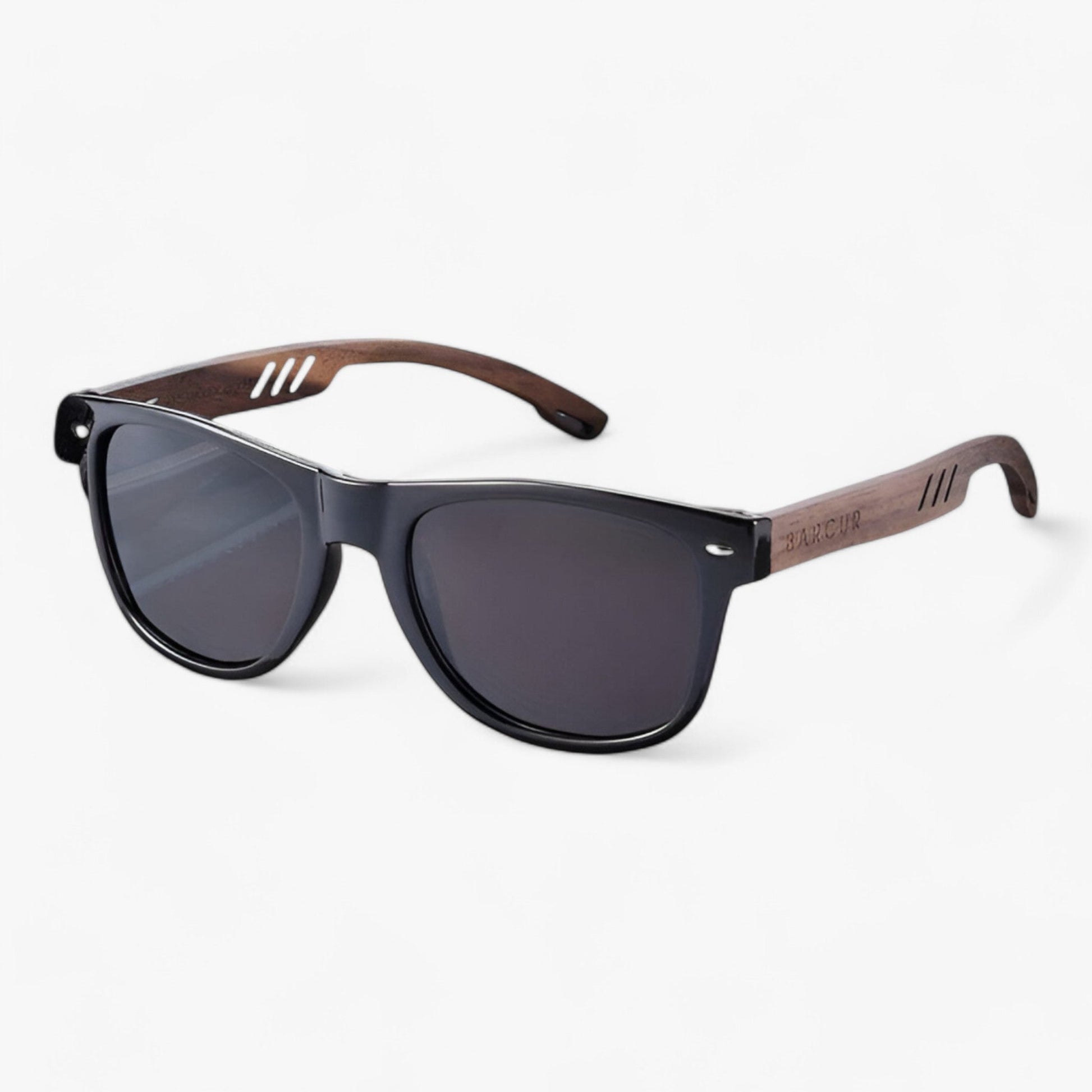NOUVEAU RICHE Herren Sonnenbrille Holzgestell UV400 Polarisierte Gläser Glänzend schwarz