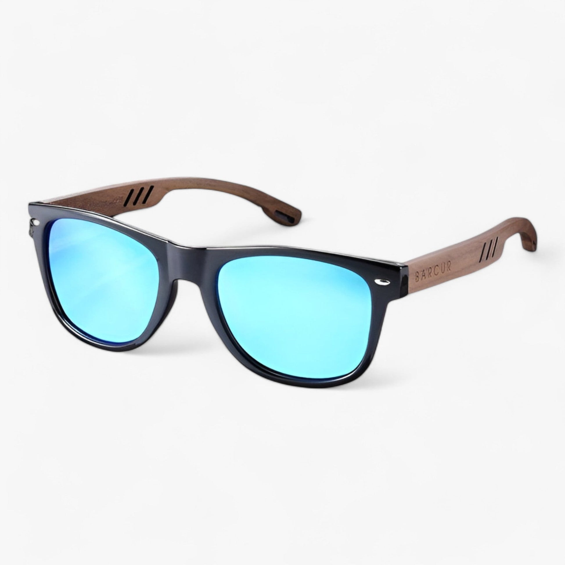 NOUVEAU RICHE Herren Sonnenbrille Holzgestell UV400 Polarisierte Gläser Blau