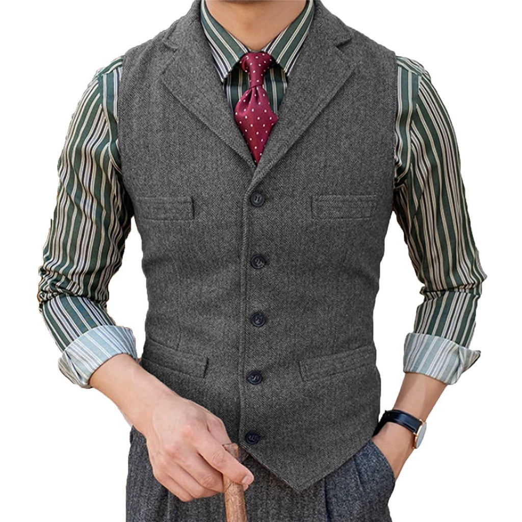 NOUVEAU RICHE Herren Strickjacke mit Revers und Fischgrätmuster – Bequem und Elegant Dunkelgrau